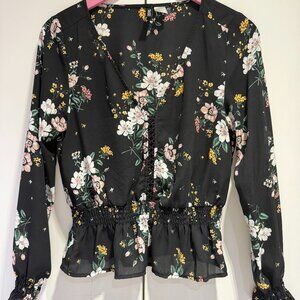 Divided H&M Womens Ruffle Long Sleeve Blouse Black/Floral Size US 4